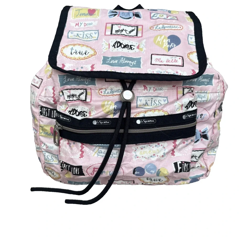 LeSportsac Small Mini Backpack Love Print Cinch Top Snap Closure Zipped Pockets